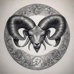 Intricate tattoo design symbolizing the zodiac signs Aries and Scorpio intertwined seamlessly. The Aries Ram and the Scorpio Scorpion are artistically combined, respecting the traits of both signs.