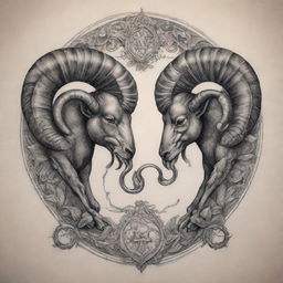 Intricate tattoo design symbolizing the zodiac signs Aries and Scorpio intertwined seamlessly. The Aries Ram and the Scorpio Scorpion are artistically combined, respecting the traits of both signs.