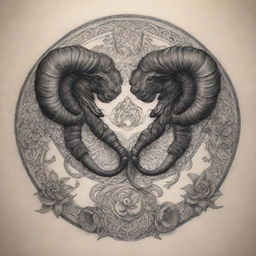 Intricate tattoo design symbolizing the zodiac signs Aries and Scorpio intertwined seamlessly. The Aries Ram and the Scorpio Scorpion are artistically combined, respecting the traits of both signs.