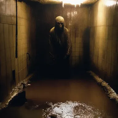 The horror movie showcased a terrifying scene where the main character fell into a dark and eerie cesspool hidden in the basement.