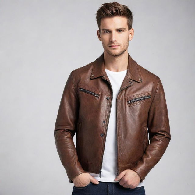 An exclusive, uniquely-designed leather jacket on a pure white background