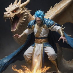 A heroic figure with blue hair, clad in a luminescent robe of white and gold, battling a monstrous dragon.