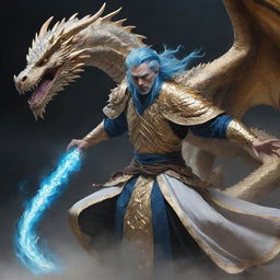 A heroic figure with blue hair, clad in a luminescent robe of white and gold, battling a monstrous dragon.