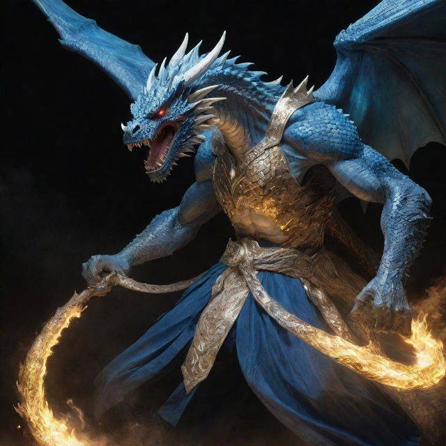 A heroic figure with blue hair, clad in a luminescent robe of white and gold, battling a monstrous dragon.