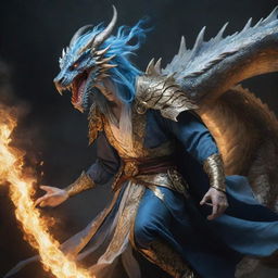 A heroic figure with blue hair, clad in a luminescent robe of white and gold, battling a monstrous dragon.