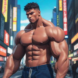 Anime style illustration of a muscular and masculine character in a vivid, cinematic scene.