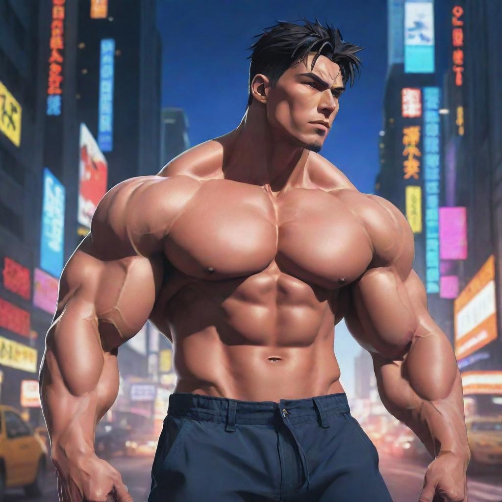 Anime style illustration of a muscular and masculine character in a vivid, cinematic scene.