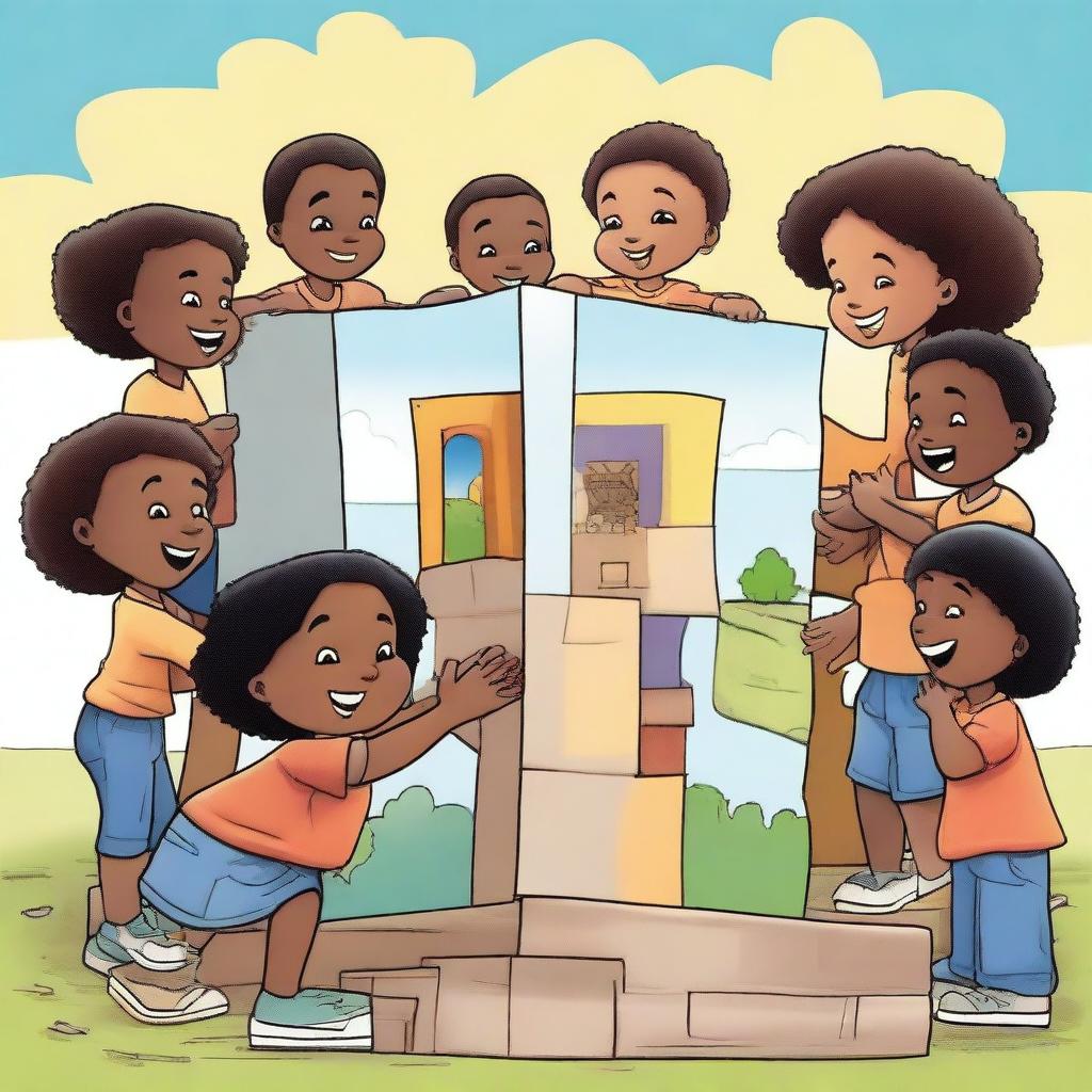 A digital art piece depicting children of diverse backgrounds working together to construct a monument symbolizing unity and growth