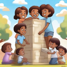 A digital art piece depicting children of diverse backgrounds working together to construct a monument symbolizing unity and growth
