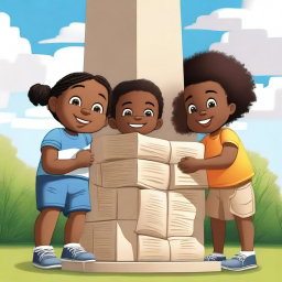 A digital art piece depicting children of diverse backgrounds working together to construct a monument symbolizing unity and growth