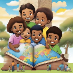 A digital art piece depicting children of diverse backgrounds working together to construct a monument symbolizing unity and growth
