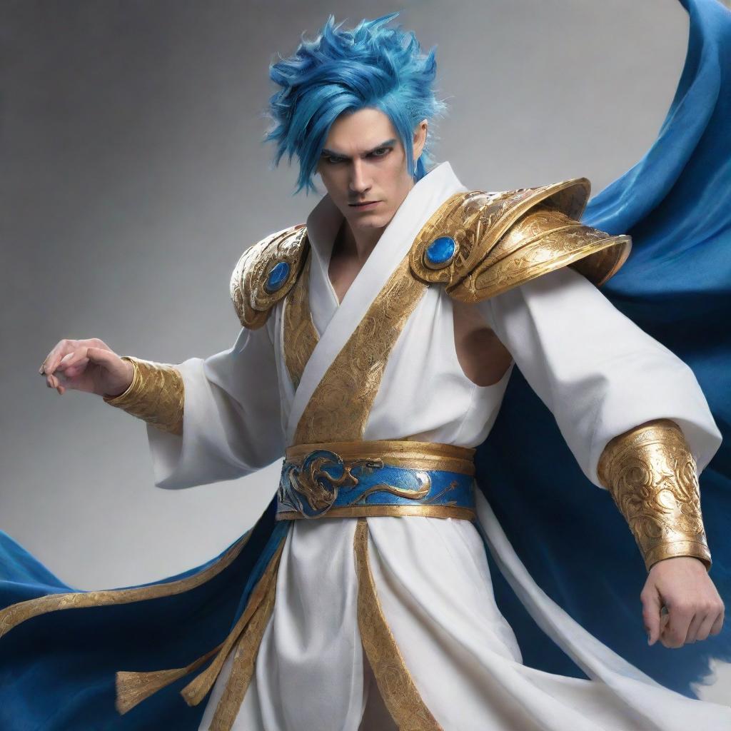 A heroic character adorned in a white and gold robe, with distinctive blue hair, locked in an epic battle with a formidable mythical creature