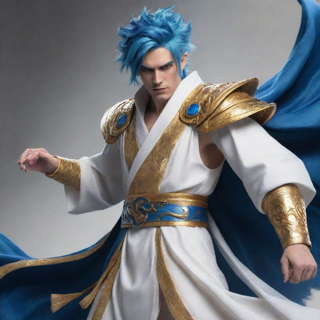 A heroic character adorned in a white and gold robe, with distinctive blue hair, locked in an epic battle with a formidable mythical creature