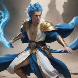 A heroic character adorned in a white and gold robe, with distinctive blue hair, locked in an epic battle with a formidable mythical creature