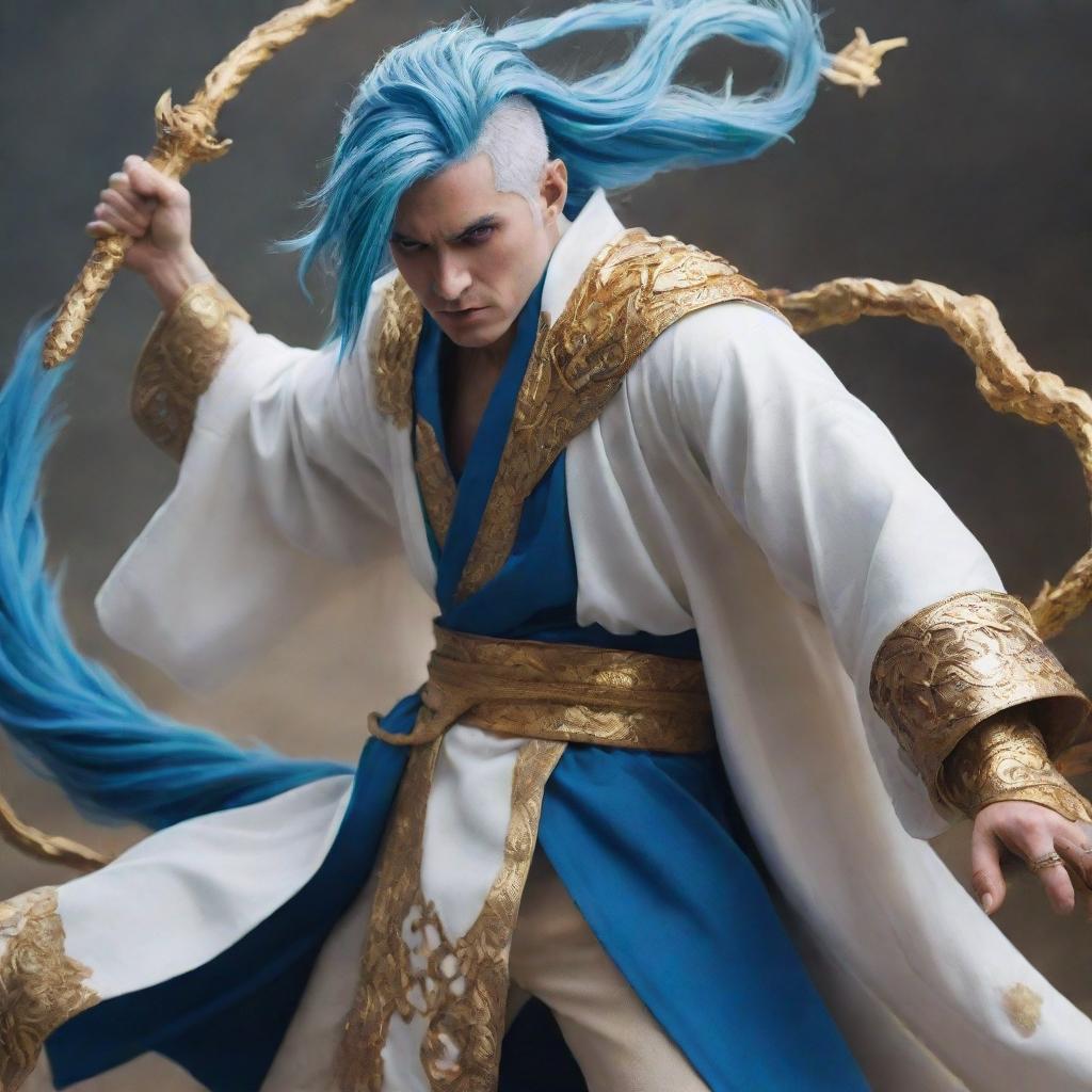 A heroic character adorned in a white and gold robe, with distinctive blue hair, locked in an epic battle with a formidable mythical creature