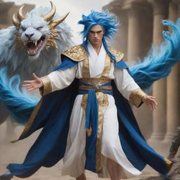 A heroic character adorned in a white and gold robe, with distinctive blue hair, locked in an epic battle with a formidable mythical creature