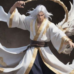 An anime-style hero clothed in a white and gold robe, sporting splendid silver hair, bravely combating a fearsome mythical creature