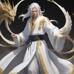 An anime-style hero clothed in a white and gold robe, sporting splendid silver hair, bravely combating a fearsome mythical creature