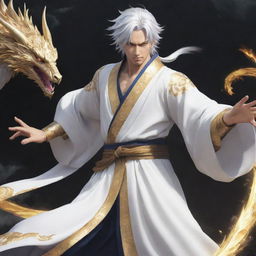 An anime-style hero clothed in a white and gold robe, sporting splendid silver hair, bravely combating a fearsome mythical creature