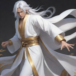 An anime-style hero clothed in a white and gold robe, sporting splendid silver hair, bravely combating a fearsome mythical creature