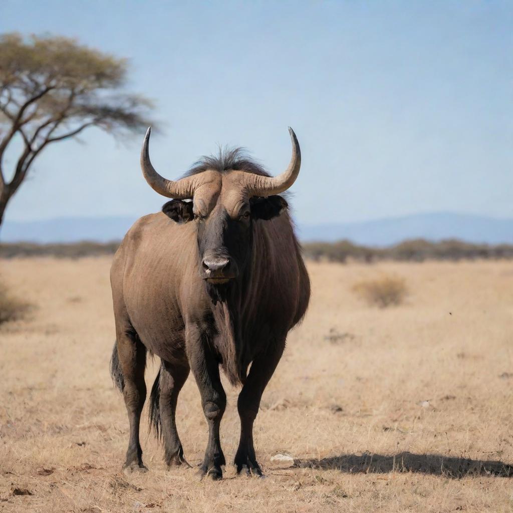 A large, majestic gnu standing proudly in a savannah landscape under a clear sky.