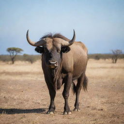 A large, majestic gnu standing proudly in a savannah landscape under a clear sky.