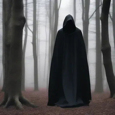 The mysterious figure walked silently through the forest, his cowled head hiding his face in shadows.
