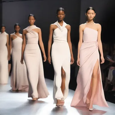 The fashion show featured models wearing cowled dresses that elegantly draped over their shoulders.