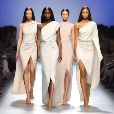 The fashion show featured models wearing cowled dresses that elegantly draped over their shoulders.