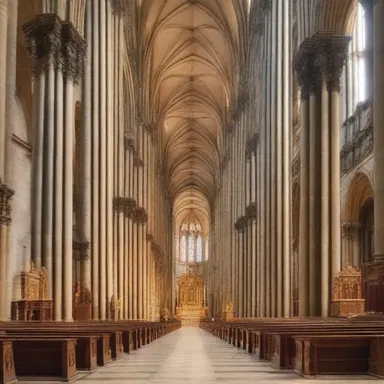The cathedral's stunning architecture included high ceilings and towering columns, with the altar flanked by cowled statues.