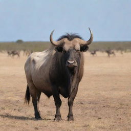 A large, majestic gnu standing proudly in a savannah landscape under a clear sky.