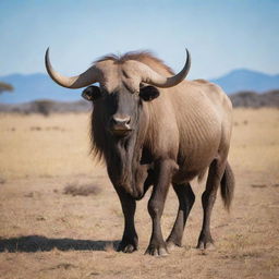 A large, majestic gnu standing proudly in a savannah landscape under a clear sky.