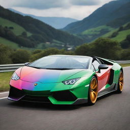 A vibrant Lamborghini with exaggerated cartoon-like features, appearing to be laughing joyfully.