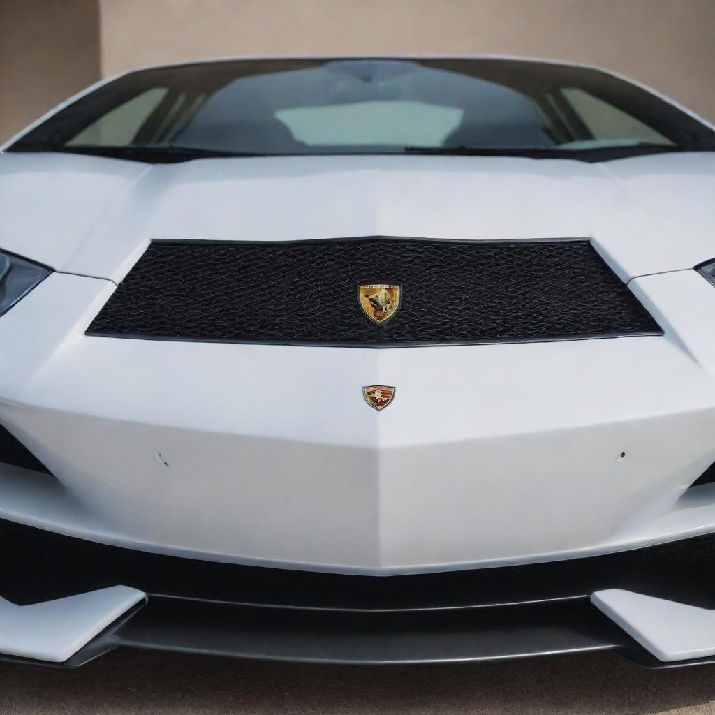 A pristine Lamborghini with creatively designed, gleaming teeth protruding outward from its front grill panel