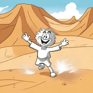 In the cartoon, the mischievous character causes chaos by unleashing a powerful sandblast in the desert scene.