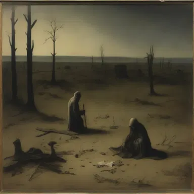 The painting depicted a haunting scene with a victim suffering from sprue in a desolate landscape.