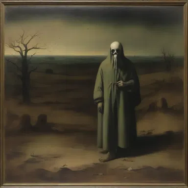 The painting depicted a haunting scene with a victim suffering from sprue in a desolate landscape.