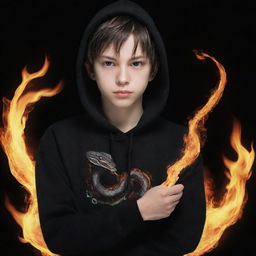 Anime-style boy dressed in a black hoodie marked with a 'Rep T.V.' print, confidently holding a snake manifesting entirely in flame.