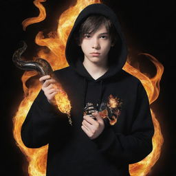 Anime-style boy dressed in a black hoodie marked with a 'Rep T.V.' print, confidently holding a snake manifesting entirely in flame.