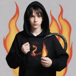 Anime-style boy dressed in a black hoodie marked with a 'Rep T.V.' print, confidently holding a snake manifesting entirely in flame.