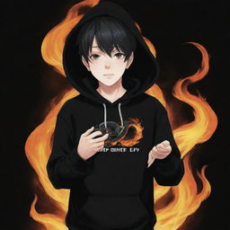 Anime-style boy dressed in a black hoodie marked with a 'Rep T.V.' print, confidently holding a snake manifesting entirely in flame.