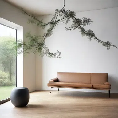 The minimalist design of the room incorporated a suspended bough, creating a unique and nature-inspired feature.