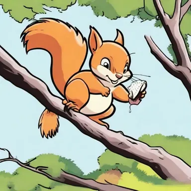 In the comic strip, the mischievous squirrel was shown swinging from the bough of the tree, causing chaos in the garden.