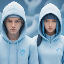 3D animated character design of an adult boy and girl in light blue hoodies with 'JOSH' and 'MONI' text on the front. They are set against a futuristic dragon and winter season background, alluding to the style of Naruto and Hinata.