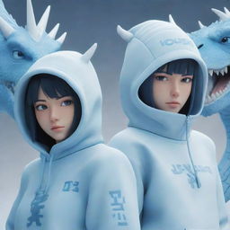 3D animated character design of an adult boy and girl in light blue hoodies with 'JOSH' and 'MONI' text on the front. They are set against a futuristic dragon and winter season background, alluding to the style of Naruto and Hinata.