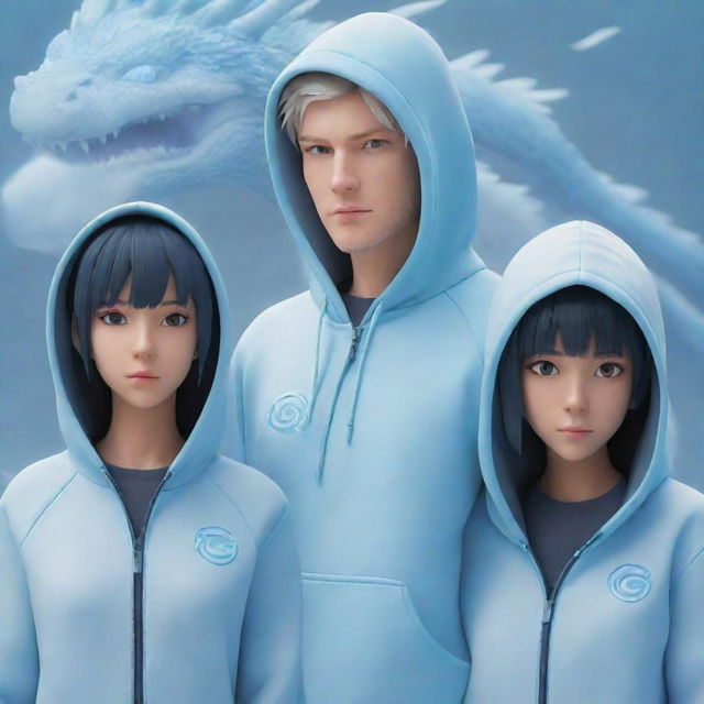 3D animated character design of an adult boy and girl in light blue hoodies with 'JOSH' and 'MONI' text on the front. They are set against a futuristic dragon and winter season background, alluding to the style of Naruto and Hinata.