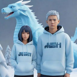 3D animated character design of an adult boy and girl in light blue hoodies with 'JOSH' and 'MONI' text on the front. They are set against a futuristic dragon and winter season background, alluding to the style of Naruto and Hinata.