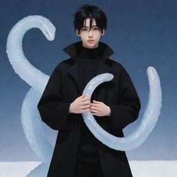 Anime boy dressed in black aesthetic clothes holding a snake made of ice.