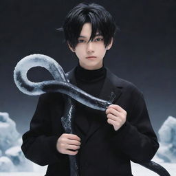 Anime boy dressed in black aesthetic clothes holding a snake made of ice.