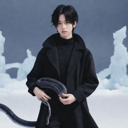 Anime boy dressed in black aesthetic clothes holding a snake made of ice.